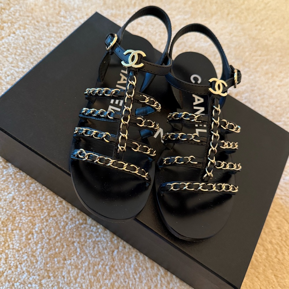 Chanel Black Sandals with Gold Accents - Size 36